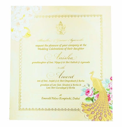 Pink Roses And Colourful Peacocks Ultra Premium Wedding Card-KNKUP033-King of Cards