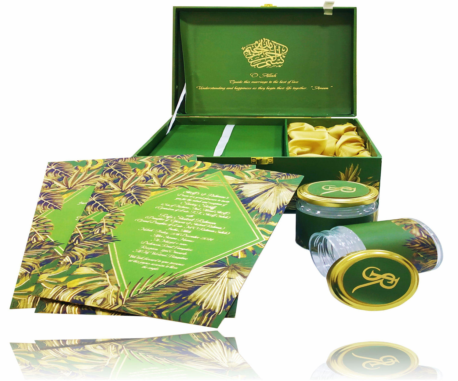 Check out the King of Cards Green Ultra Premium Muslim Invitation In Leaf Design. Its with design floral print at the borders in gold foiling.