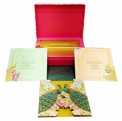 Pink Roses And Colourful Peacocks Ultra Premium Wedding Card-KNKUP033-King of Cards