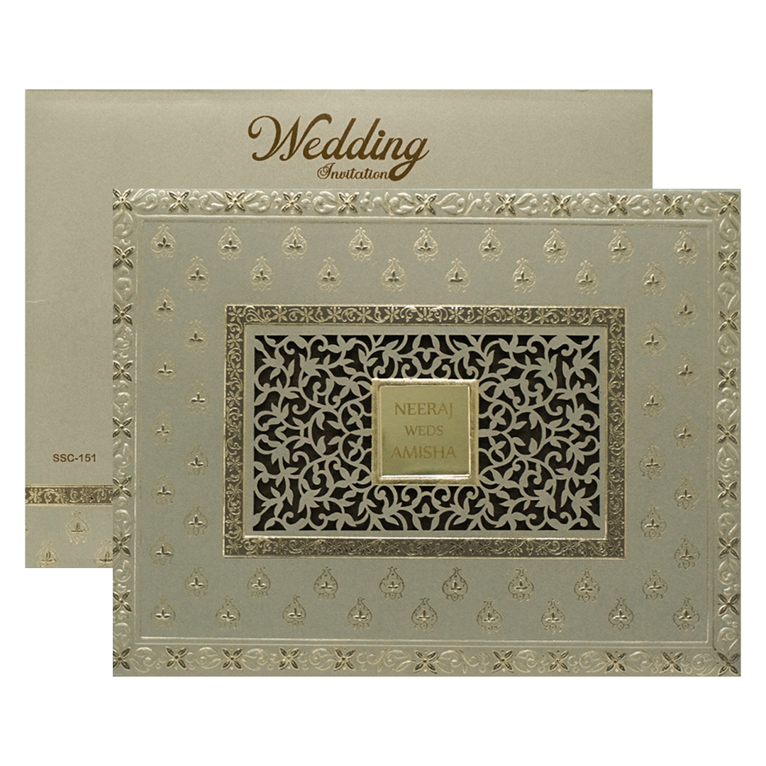 Grey Gold Jaali Padded Wedding Card-KSSC1510
