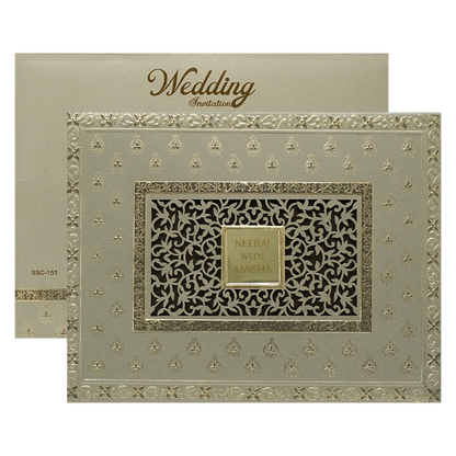 Grey Gold Jaali Padded Wedding Card-KSSC1510