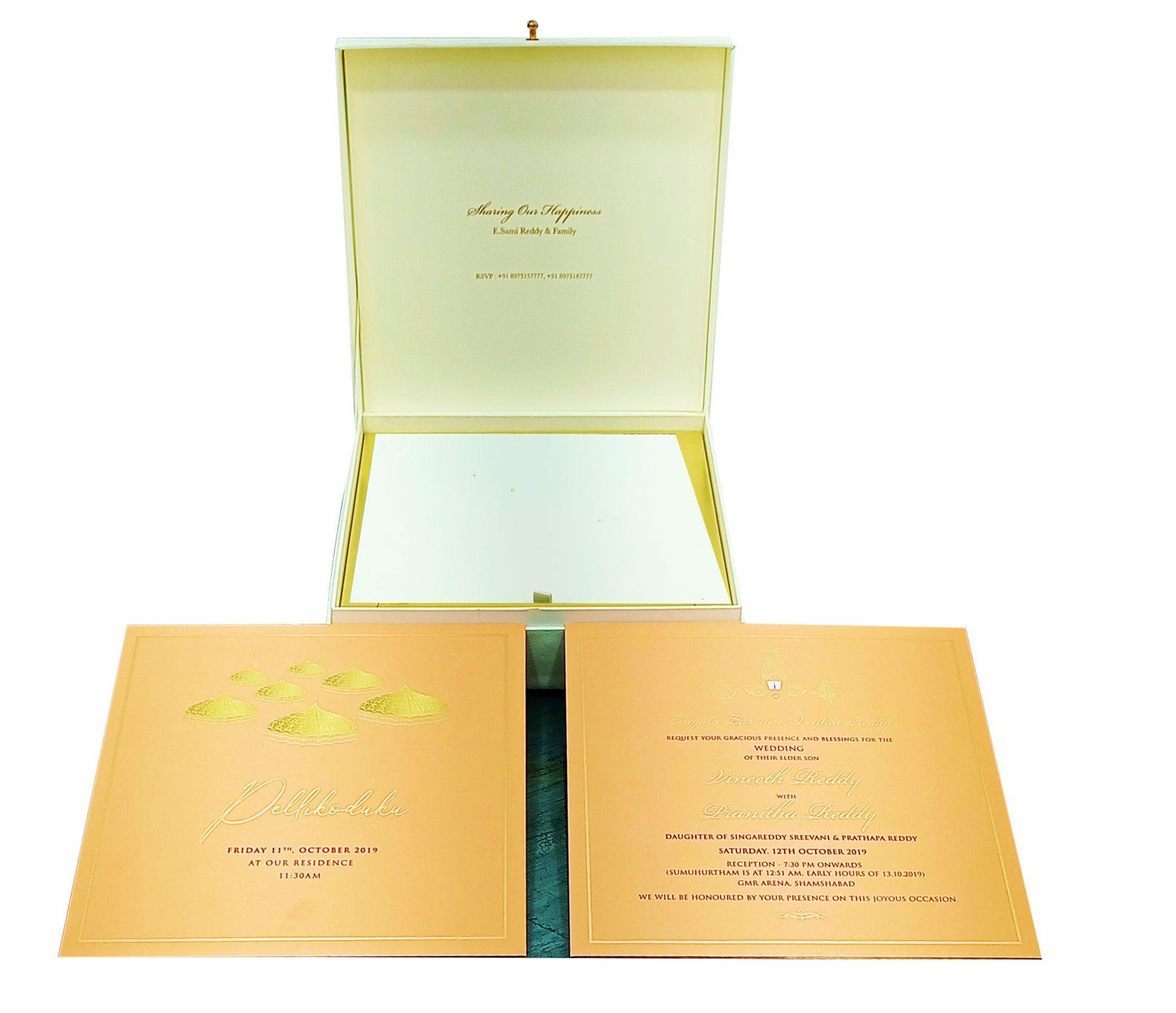 White personal invitation knkup036 with floral print at the borders in gold foiling.