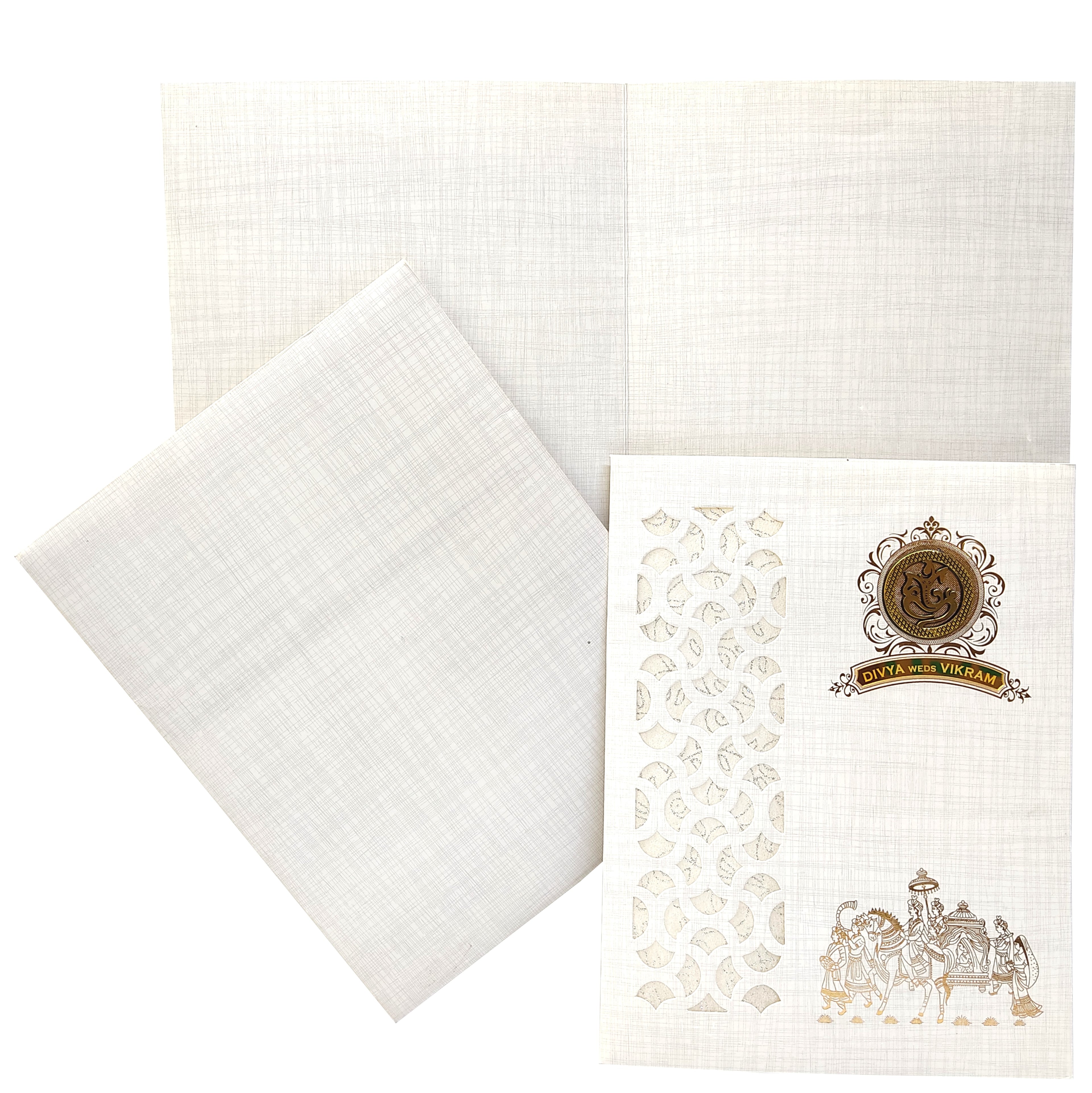 Grey Metallic Laser Cut Design With Baraat Print In Gold Foiling-KNK9404G-King of Cards