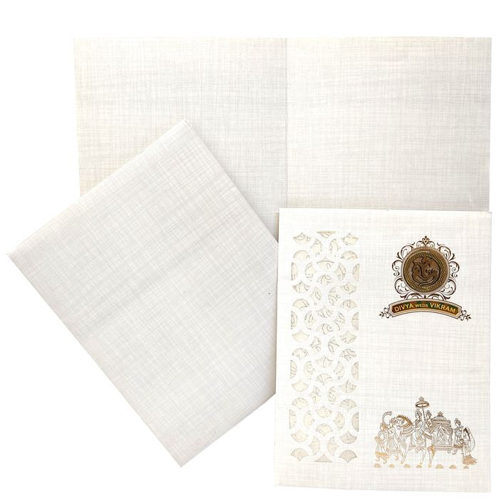 Grey Metallic Laser Cut Design With Baraat Print In Gold Foiling-KNK9404G-King of Cards