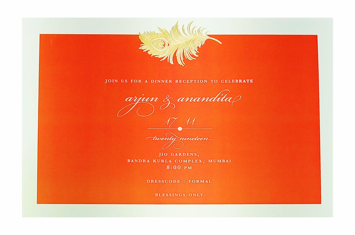 Orange Ultra Premium Luxury Invite With Peacock Feather-KNKUP035