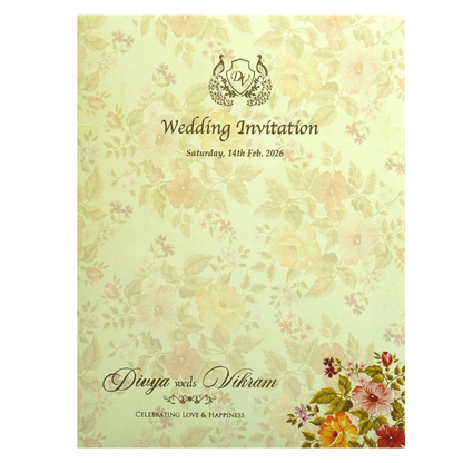 Olive Green Classic Designer Floral Offset Wedding Card With Name Plate-KNKC4031-King of Cards