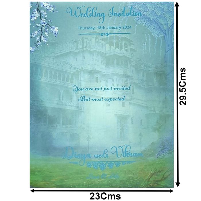 Blue Royal Padded Wedding Card With Palace Background-King of Cards