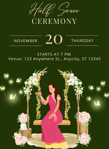 Green Butterflies Half Saree Invitation-King of Cards