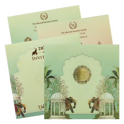 Mint Green Royal Elephant Padded Wedding Card-KRE27120