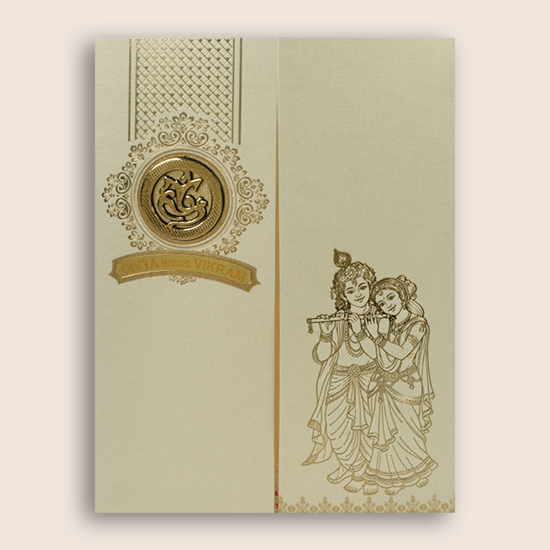 Cream Lord Radha Krishna Door Style Wedding Card - KNRM8709H