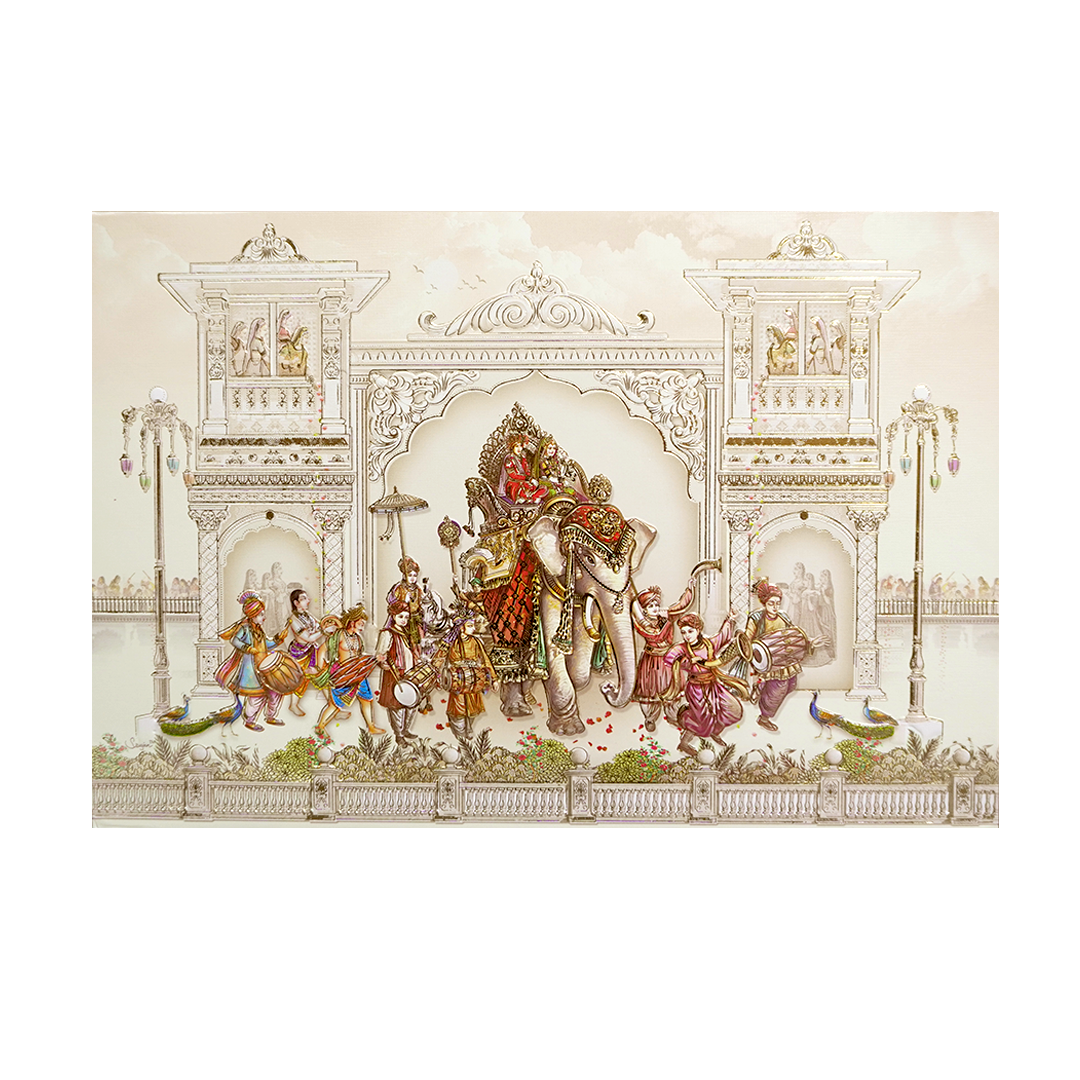 Cream Baraat Procession 3D Padded Wedding Card - KMMWD1111