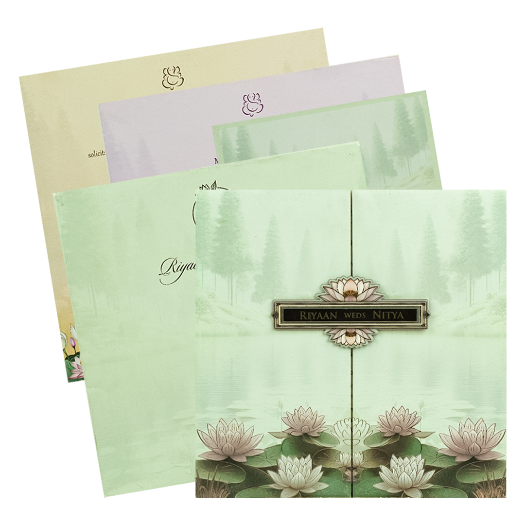 Green Lotus Padded Wedding Card-KRC31160