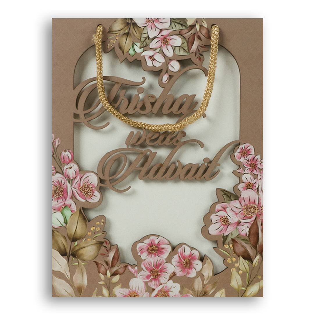Brown Floral MDF Bag Style  Marriage Invitation - KVN06360