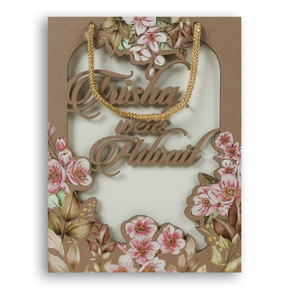 Brown Floral MDF Bag Style  Marriage Invitation - KVN06360