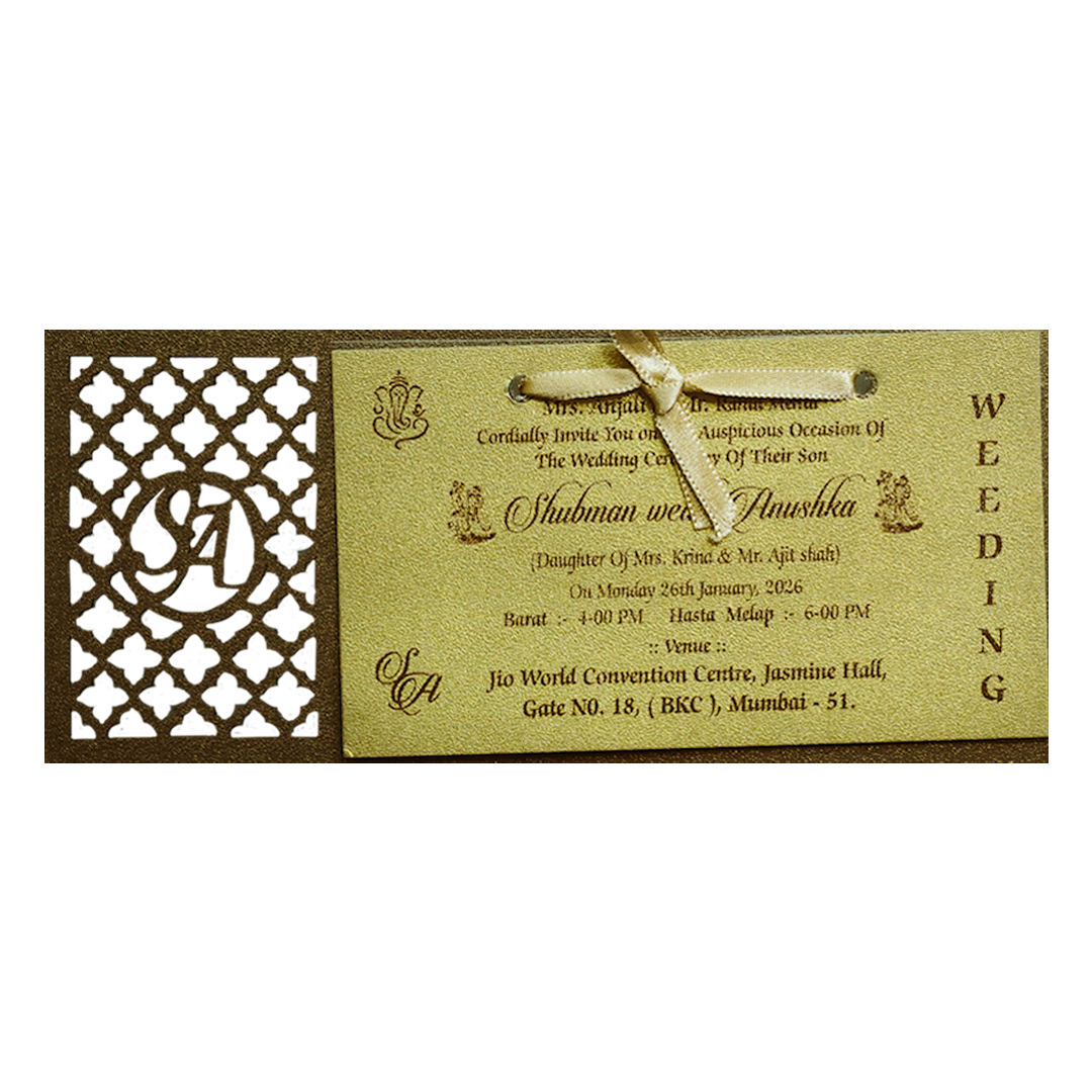 Gold MDF Laser Cutout Wedding Invitation Card with Custom Initials-KRB07030
