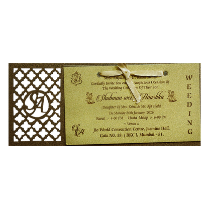 Gold MDF Laser Cutout Wedding Invitation Card with Custom Initials-KRB07030