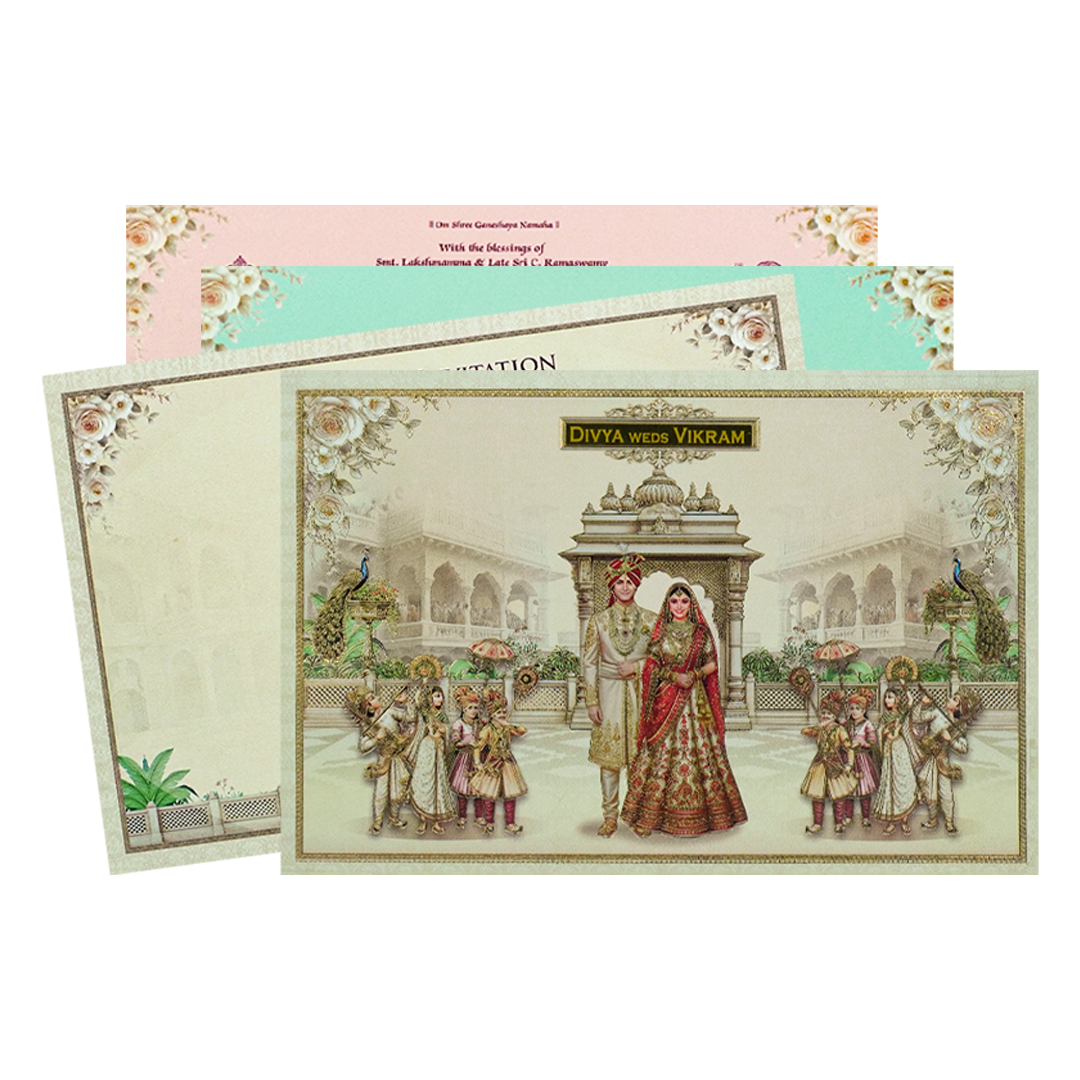 Cream Padded Palace Bride Groom Wedding Card-KNAK4702
