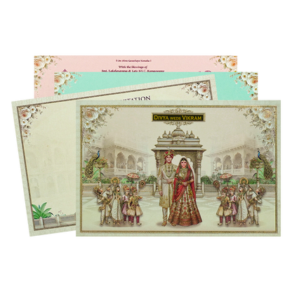 Cream Padded Palace Bride Groom Wedding Card-KNAK4702