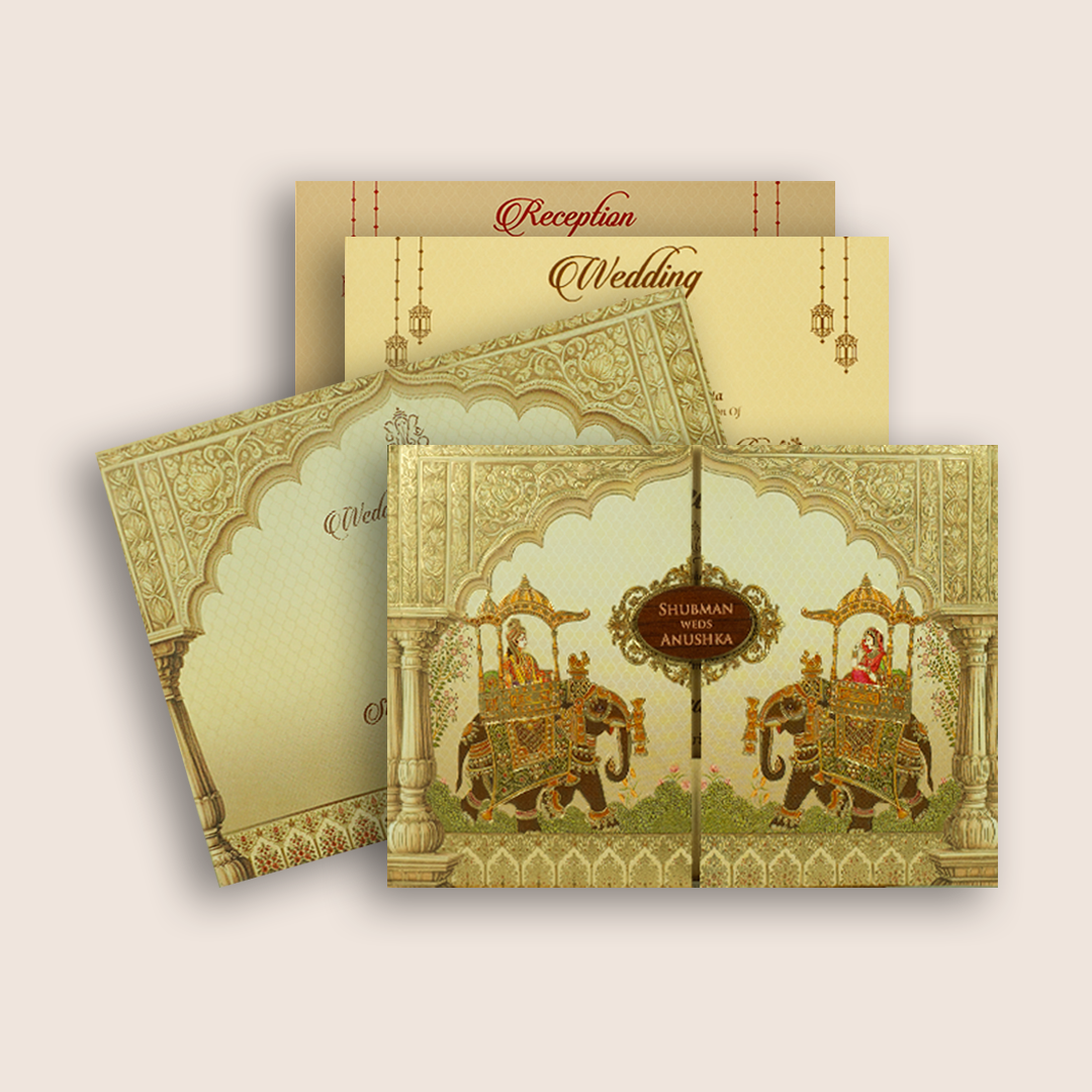 Cream Embossed Royal Baraat Padded Door Style Wedding Card - KRB8220