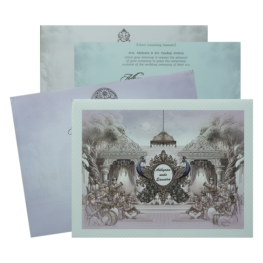 Lavender Padded Peacock Palace Wedding Card-KRC31100