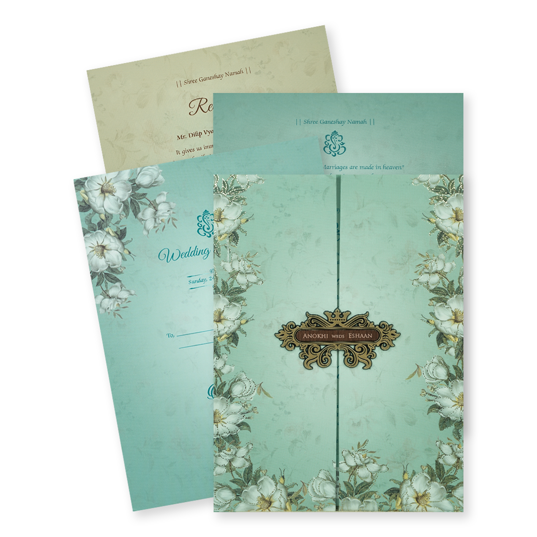 Check out Pastel Blue Floral Wood Foil Padded Wedding Card at best price.✅WhatsApp Support ✅Express Delivery.|King of cards.