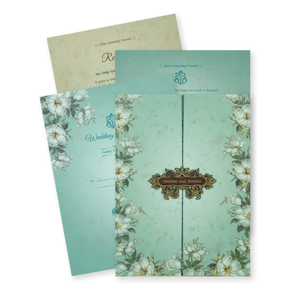 Check out Pastel Blue Floral Wood Foil Padded Wedding Card at best price.✅WhatsApp Support ✅Express Delivery.|King of cards.