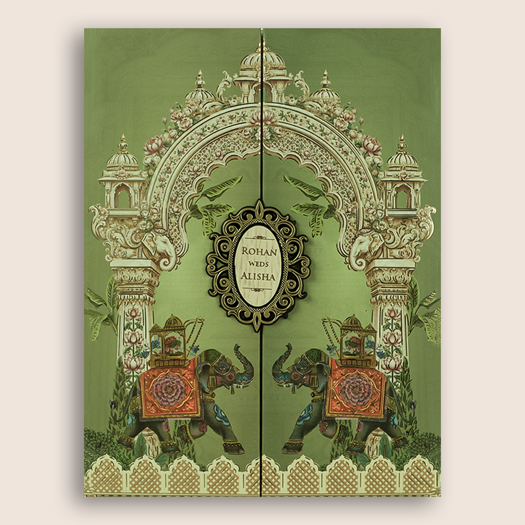 Green Elephant Door Style Padded Wedding Invitation - KFR17290