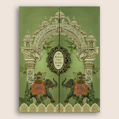 Green Elephant Door Style Padded Wedding Invitation - KFR17290