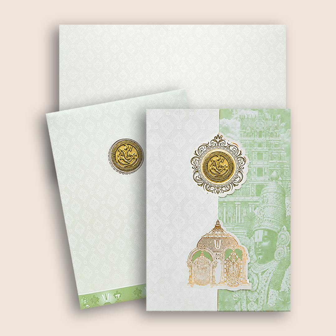 White Pastal Green Lord Venkateshwara Wedding Card - KNA2405G