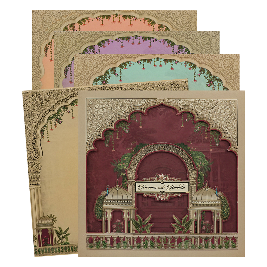 Maroon Padded Peacock Palace Wedding Card-KAK02000