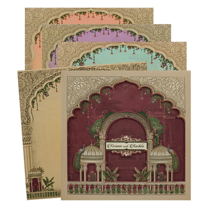 Maroon Padded Peacock Palace Wedding Card-KAK02000