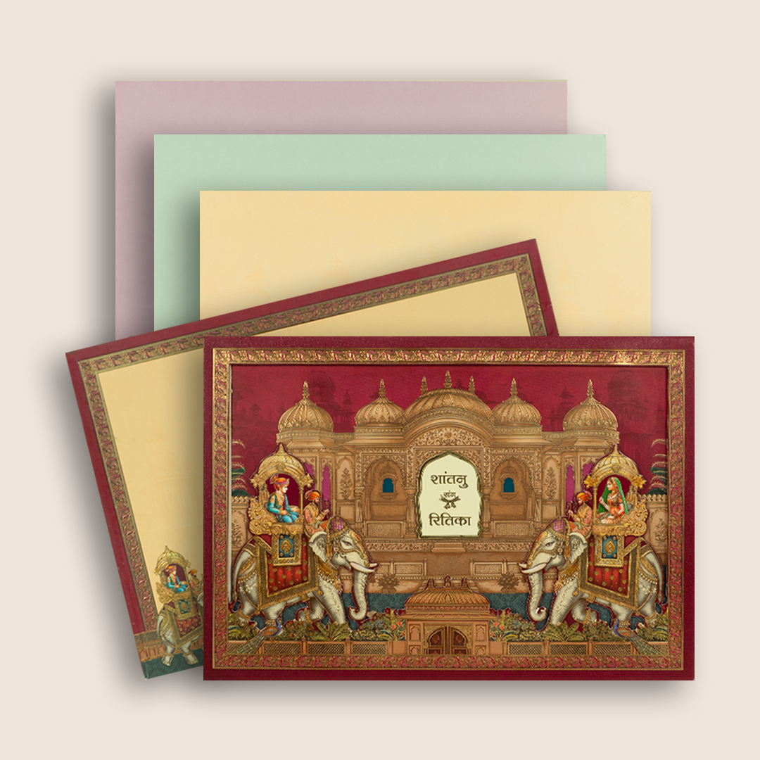 Pink Padded Royal Elephant Baraat Invitation Card - KAA05960