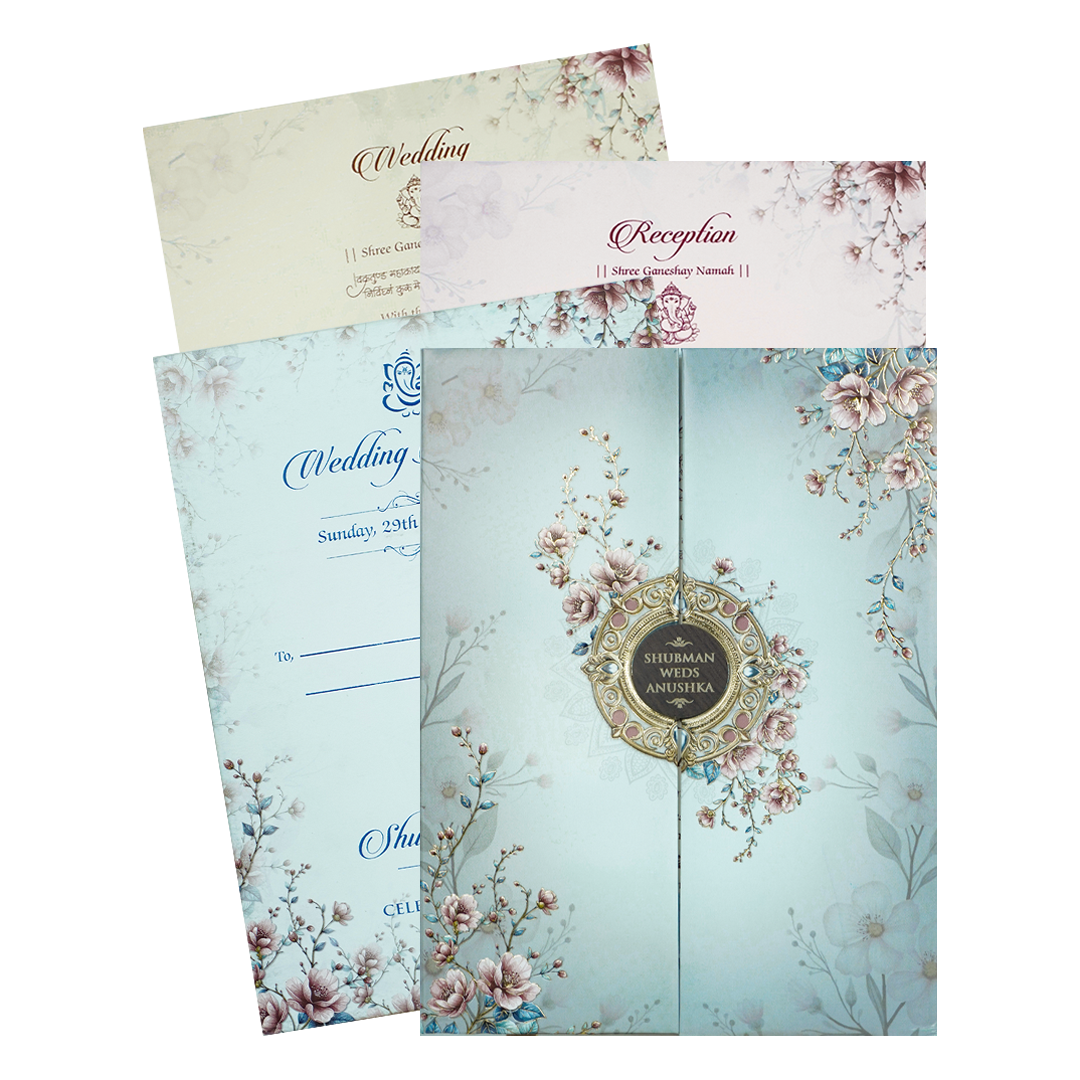 Blue Floral Padded Wedding Card-KRB09300