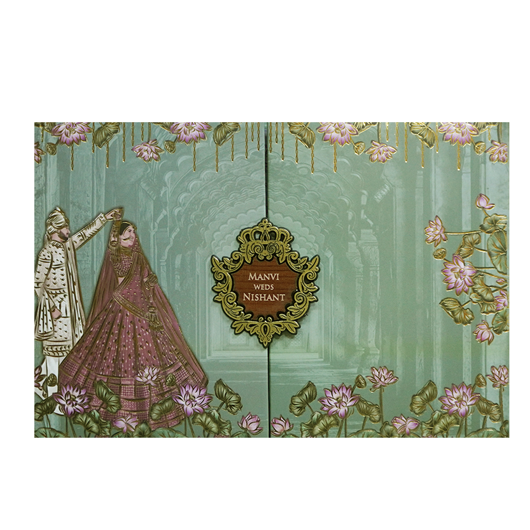 Royal Couple Lotus Arch Padded Wedding Card - KVN07370