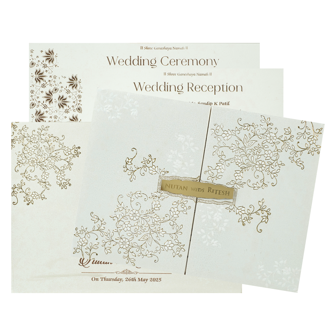 White Floral Gold Foil Padded Wedding Card-KRE25870