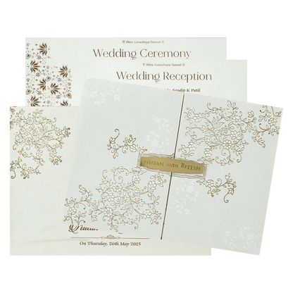 White Floral Gold Foil Padded Wedding Card-KRE25870