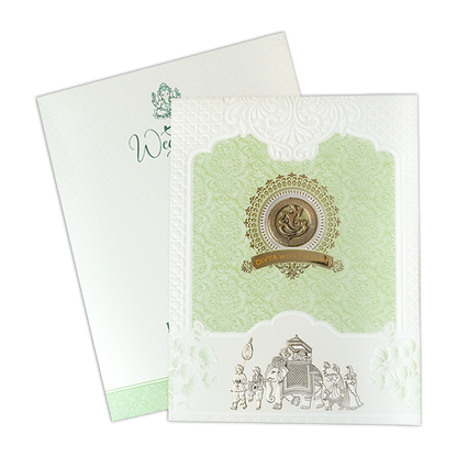 Green Embossed Procession Padded Wedding Card-KNMS9309