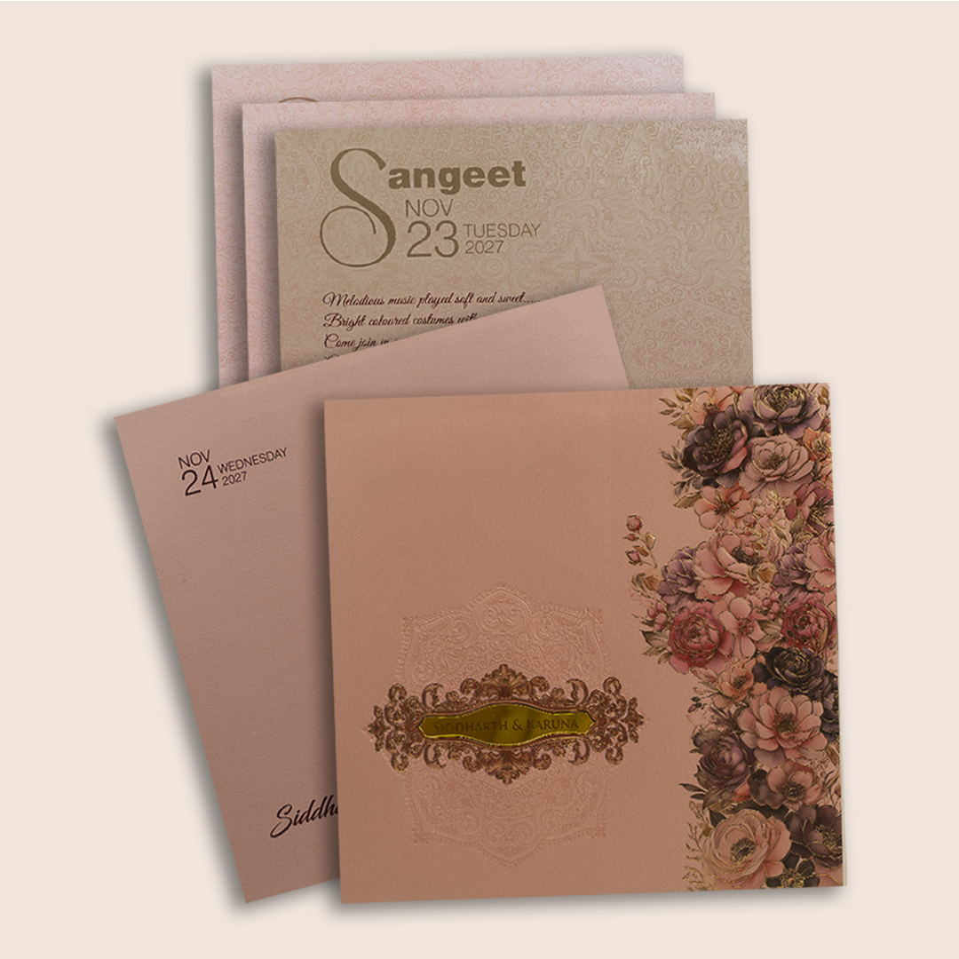 Pink Embossed Floral Padded Marriage Wedding card - KPR024150