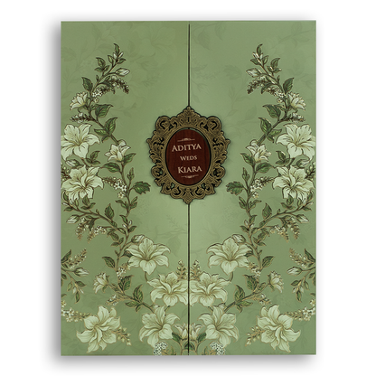 Green Embossed Lilly Flower Door Style Padded Wedding Card - KFR17510
