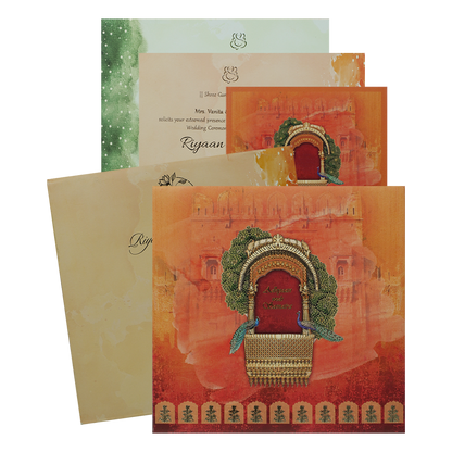 Orange Padded Peacock Palace Wedding Card-KRC31490