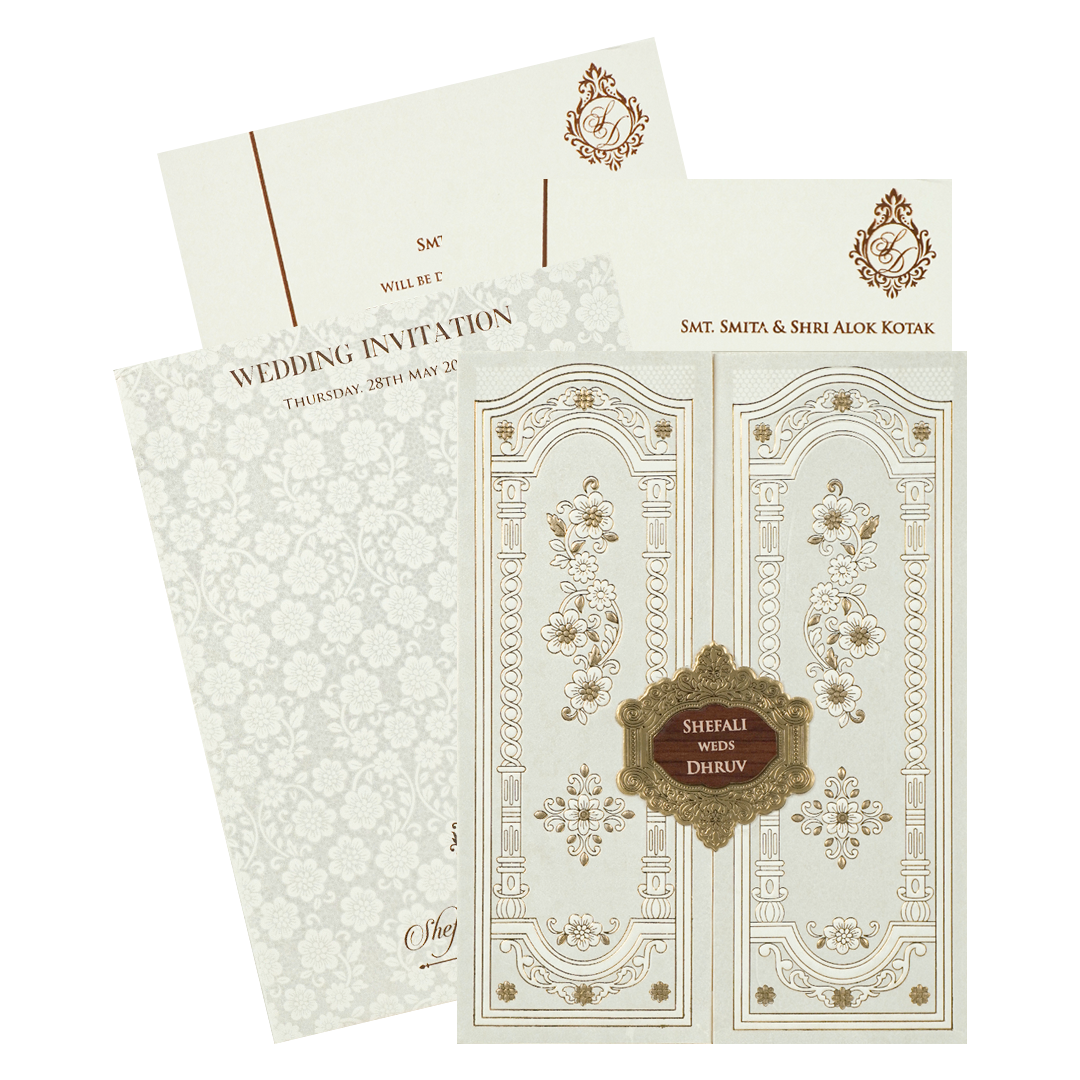 White Embossed Floral Wedding card-KRE28510