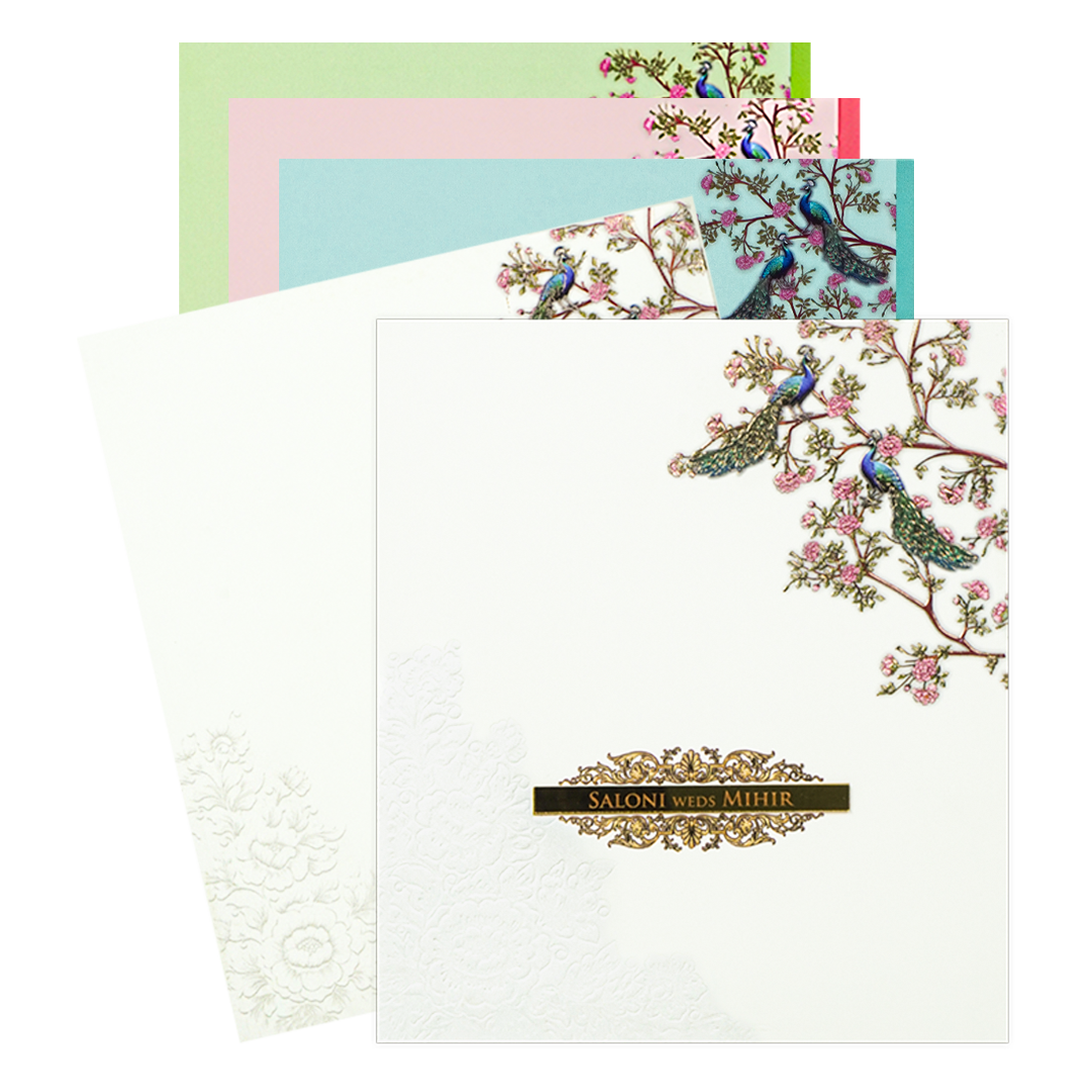 White Padded Floral Peacock Wedding Card - KPR25120