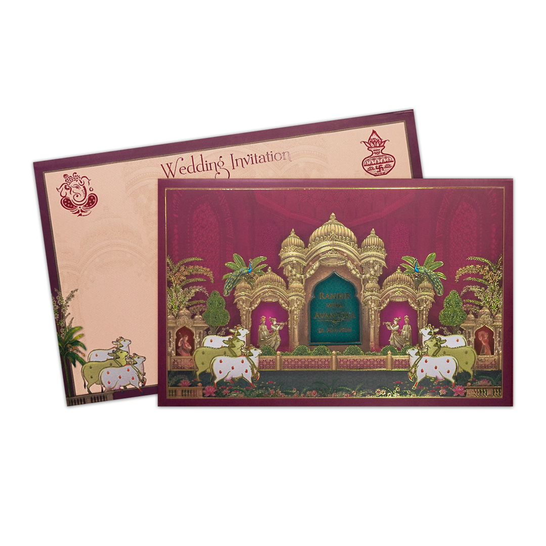 Pink Palace Cow Procession Padded Wedding Card-KSH72070