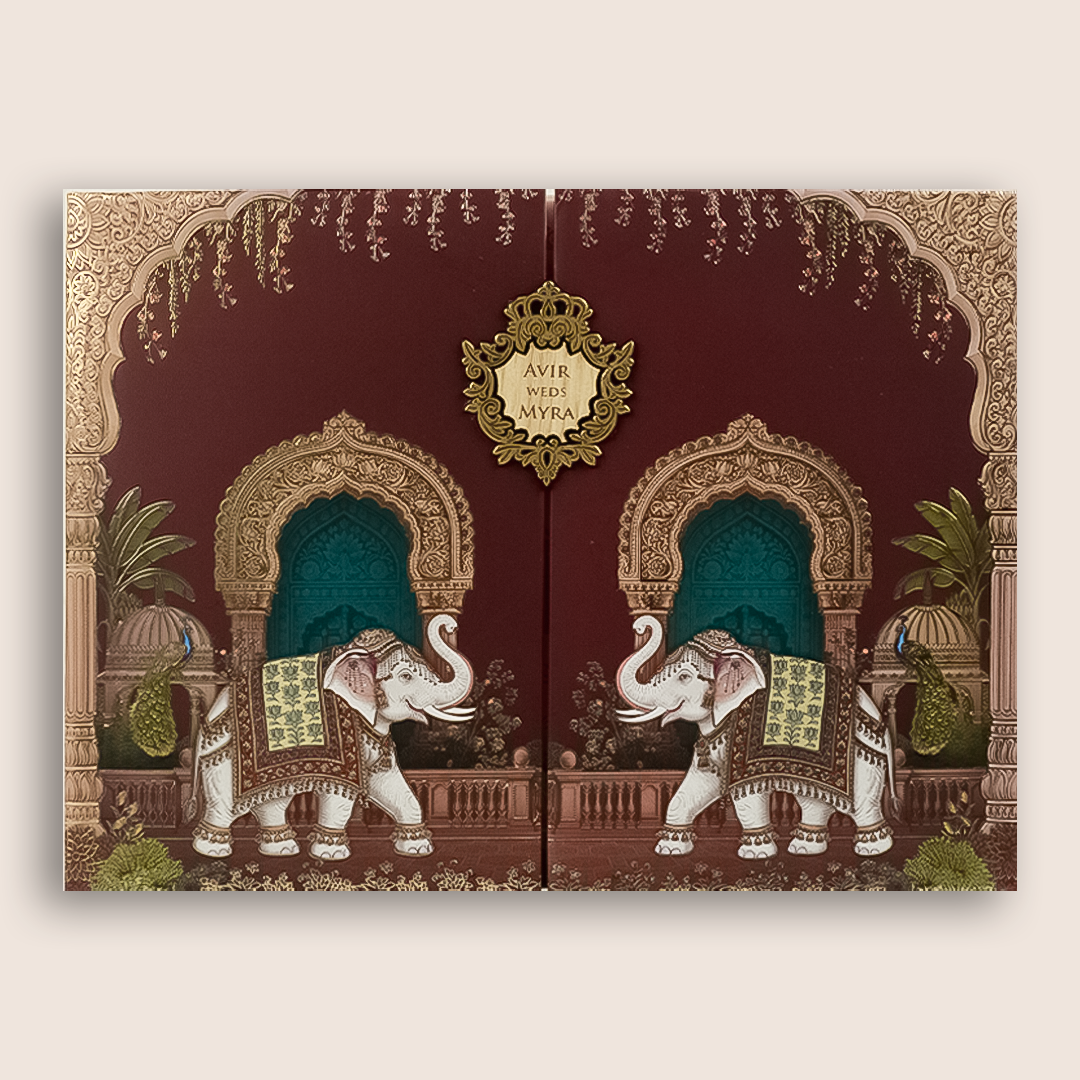 Maroon Padded  Door Style Wedding Invitation - KSH18970