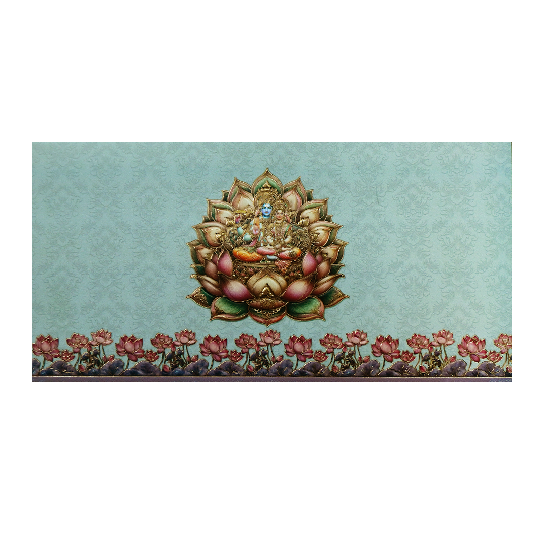 Blue Pastel Vishnu Lakshmi Boxed Wedding Card-KPR06480