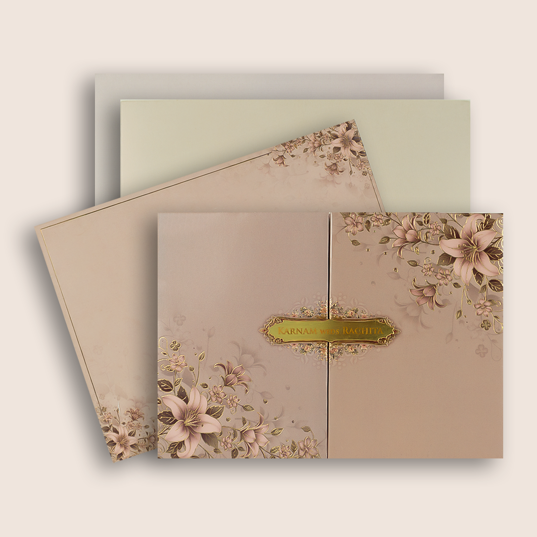 Pink Padded Floral Door Style Wedding Card - KAA06070