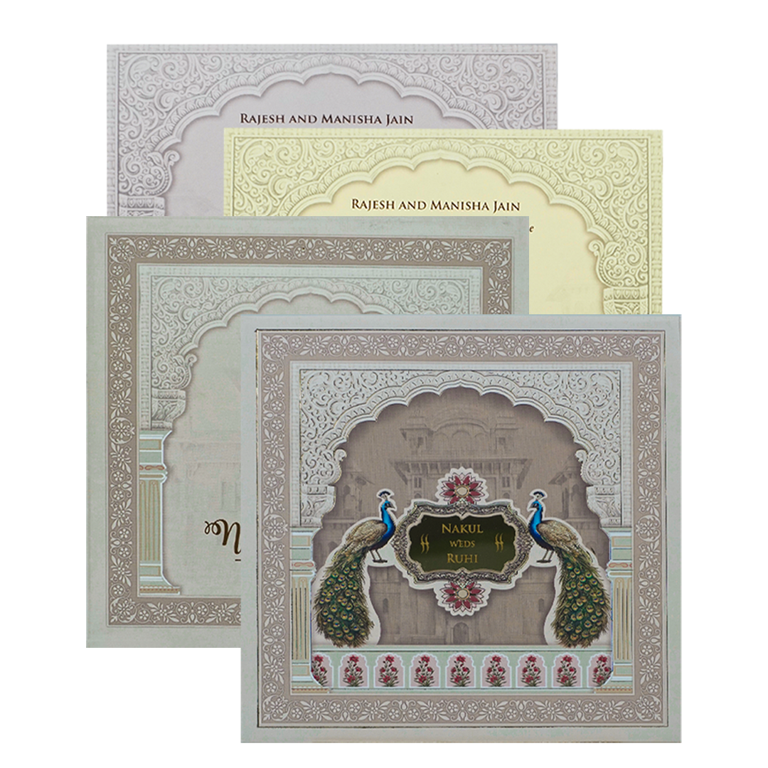 Royal Arch Peacock Padded Wedding Card-KRE27930