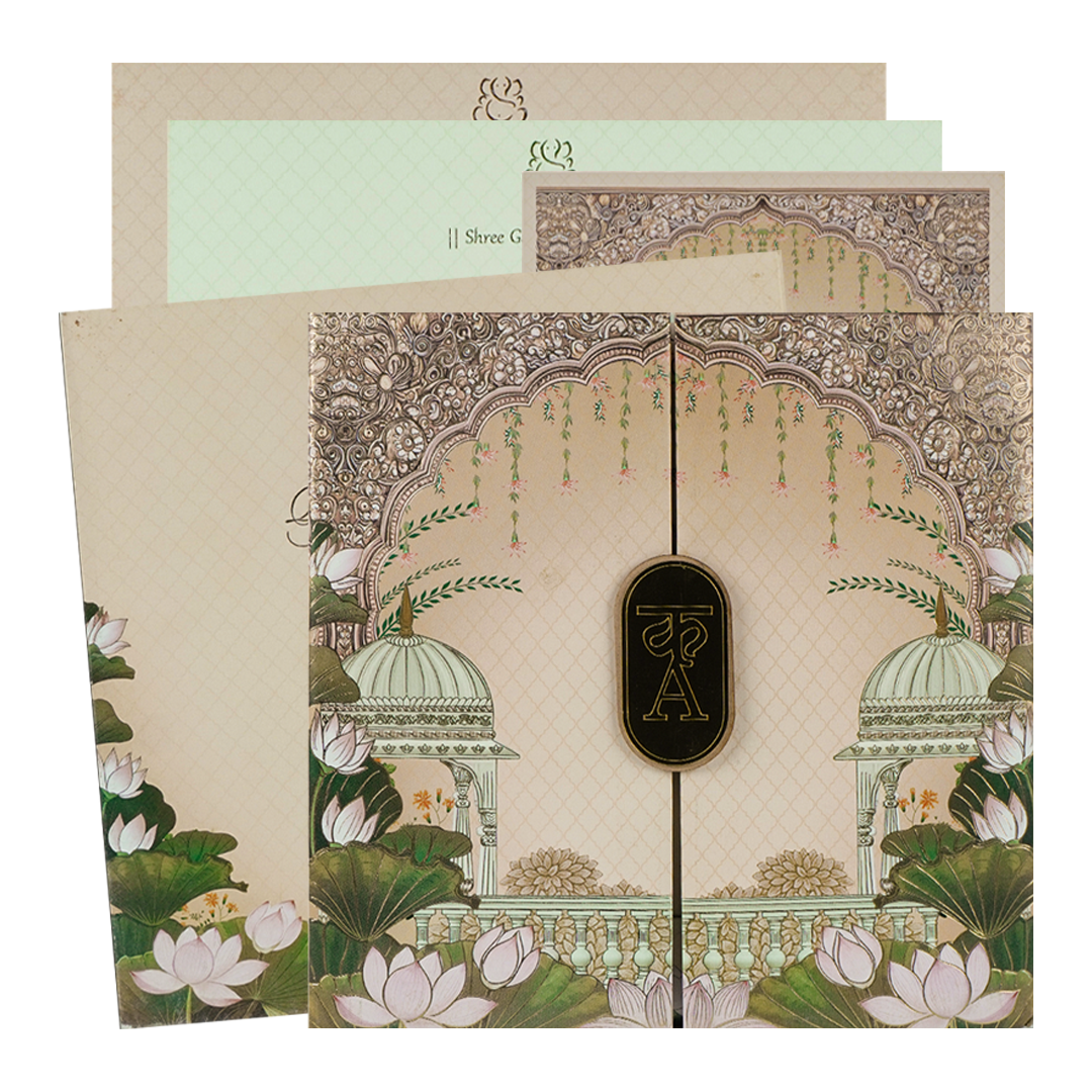 Cream Padded Lotus Wedding Card-KRC31150