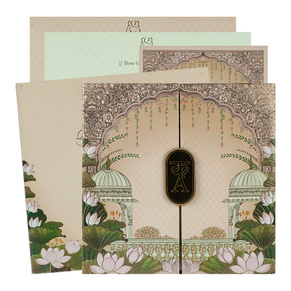 Cream Padded Lotus Wedding Card-KRC31150