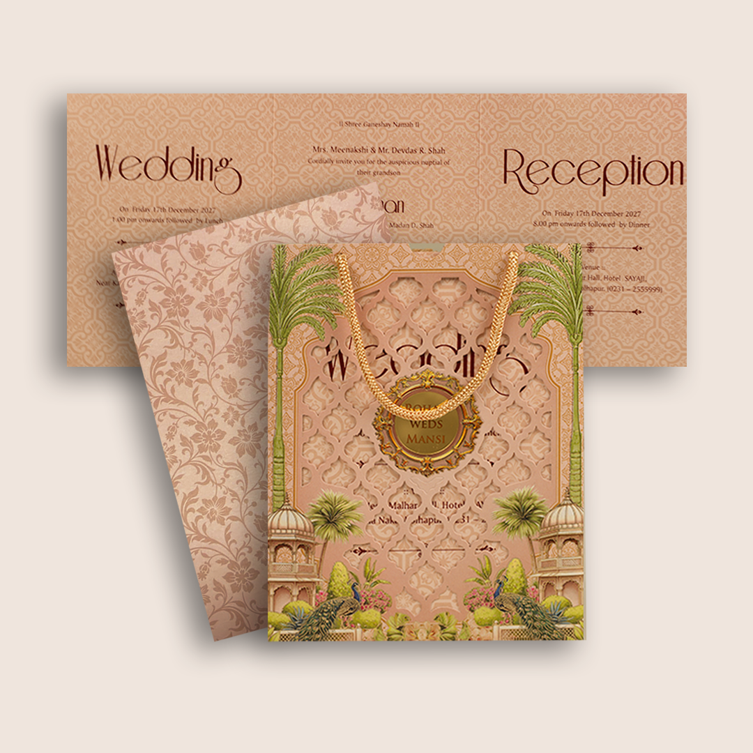 Pastel Pink Jharokha Laser Cut Bag Style Wedding Card - KPR07190